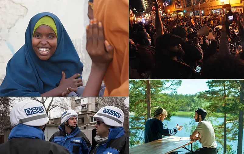 Fotocollage med somalisk kvinna, OSSE-observatörer i Ukraina och folksamling som protesterar.