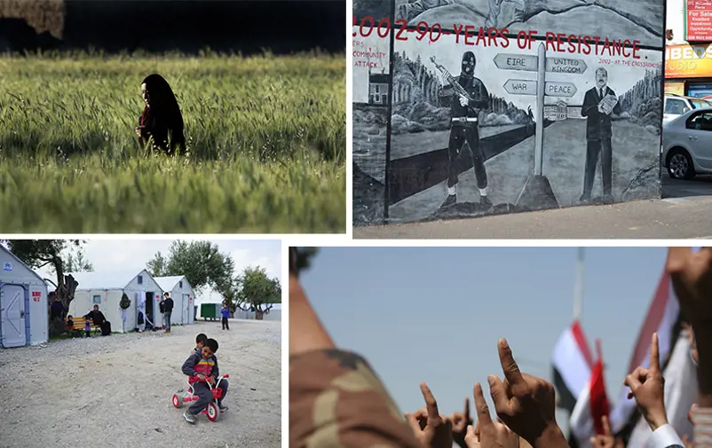 Photo collage picturing Afghanistan, Yemen and Northern Ireland.