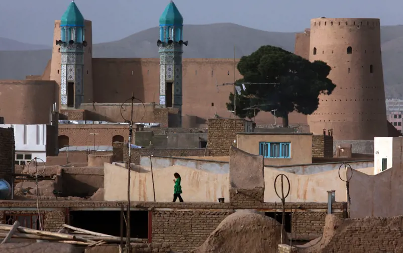 Walking woman in front of skyline with minarets.